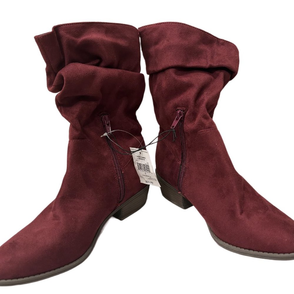George SLOUCH BOOTS IN TOBACCO RED WINE, WRINKLED MID CALF, LOOSE, LOW HEEL